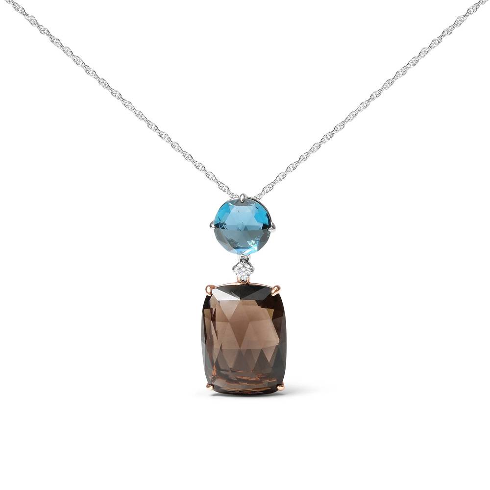 18K Gold Diamond Accent & Topaz & Smoky Quartz Gemstone Dangle Pendant Necklace